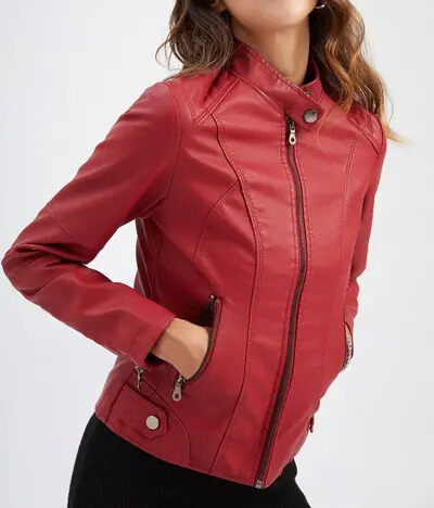 Womens Fashion 80s Leather Jacket Oversized cropped Red Leather Biker Jacket-157  | eBay