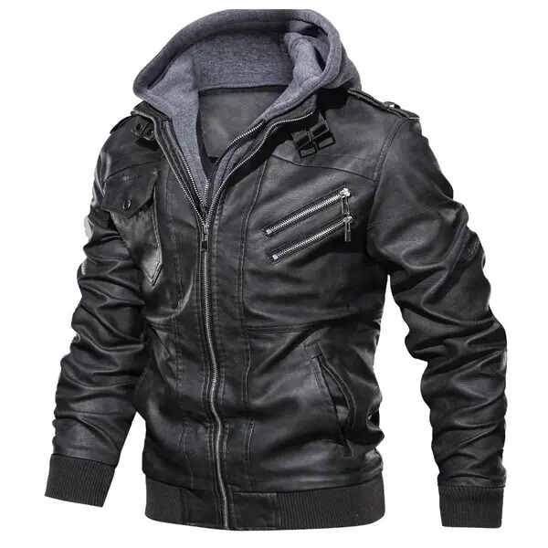 Mens Genuine Leather Hooded Bomber Jacket with Removable Hoodie ...